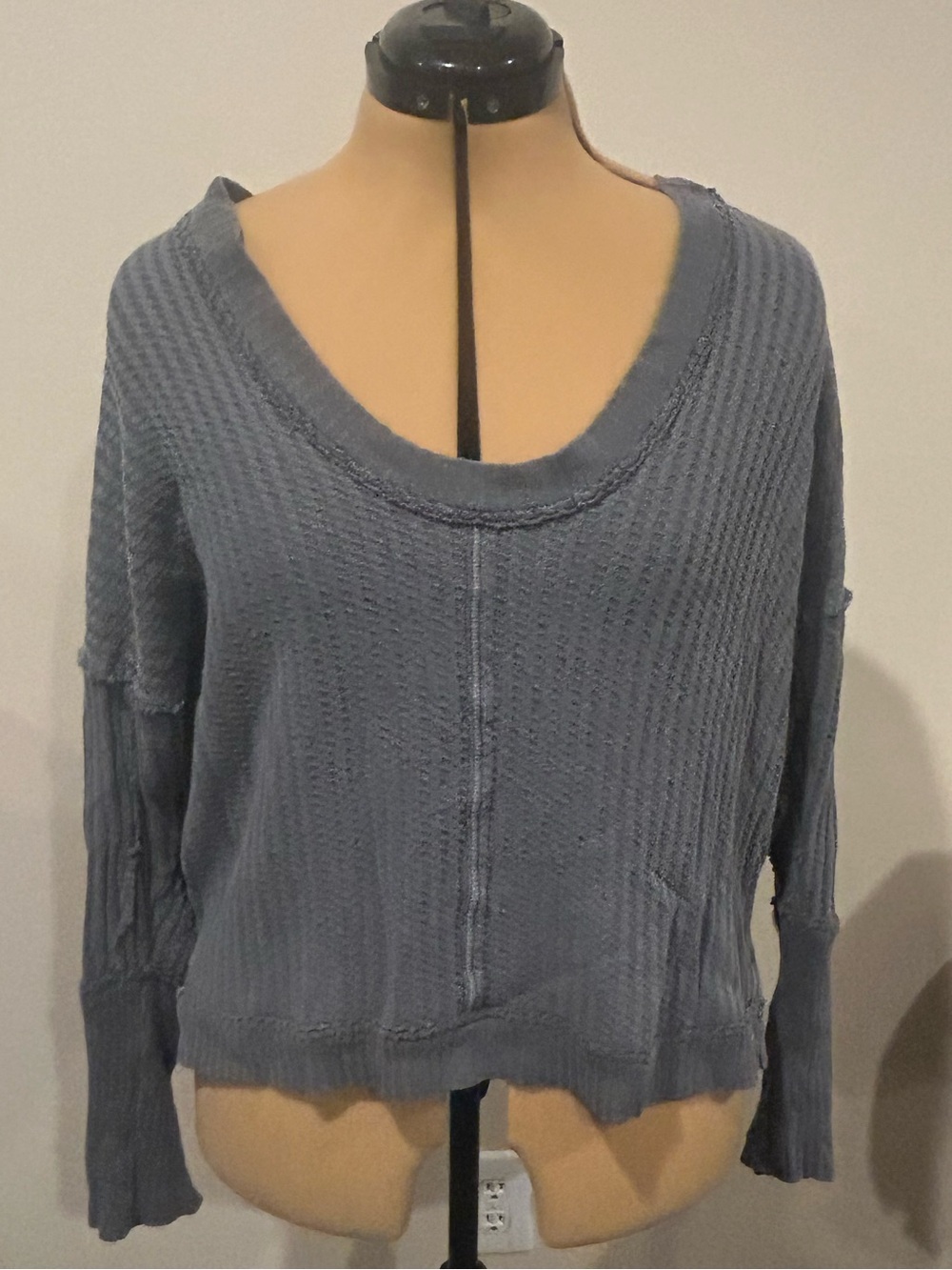 We The Free Waffle-Knit Scoop-Neck Sweater in Washed Blue- Small